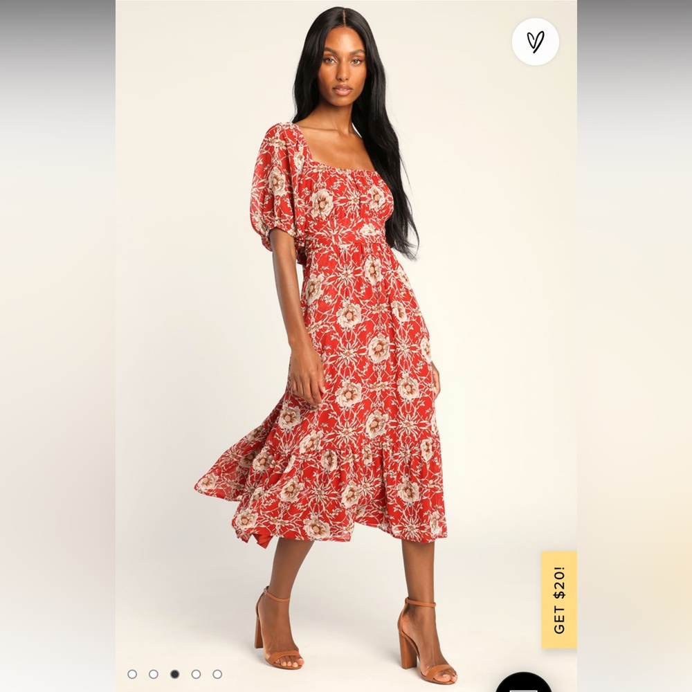 Lulus NWT Red Floral Print Puff Sleeve Midi Dress
